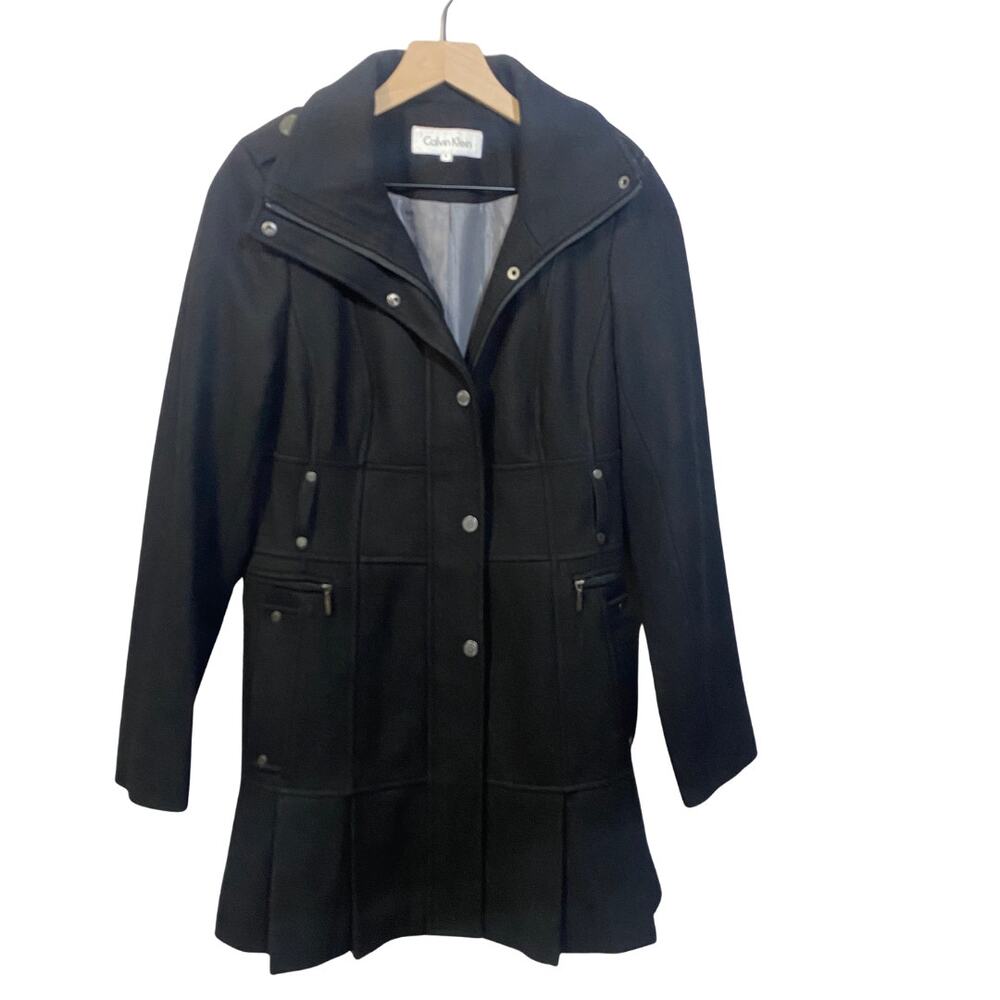 Calvin Klein Black Wool Blend Full Zip Pleated Hem Coat Fitted Sz 4 No Belt